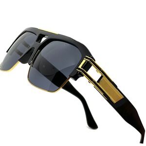 Sunglasses Men's Square Frame Dark Black Lens Gold Accents Hip Hop Street Wear‎